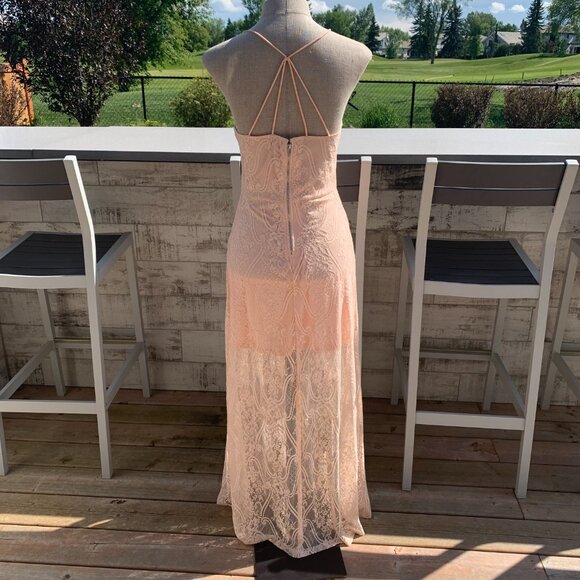 Vintage Hand Sewn Peach Sheer Lace Maxi Dress Long Gown - Picture 10 of 16